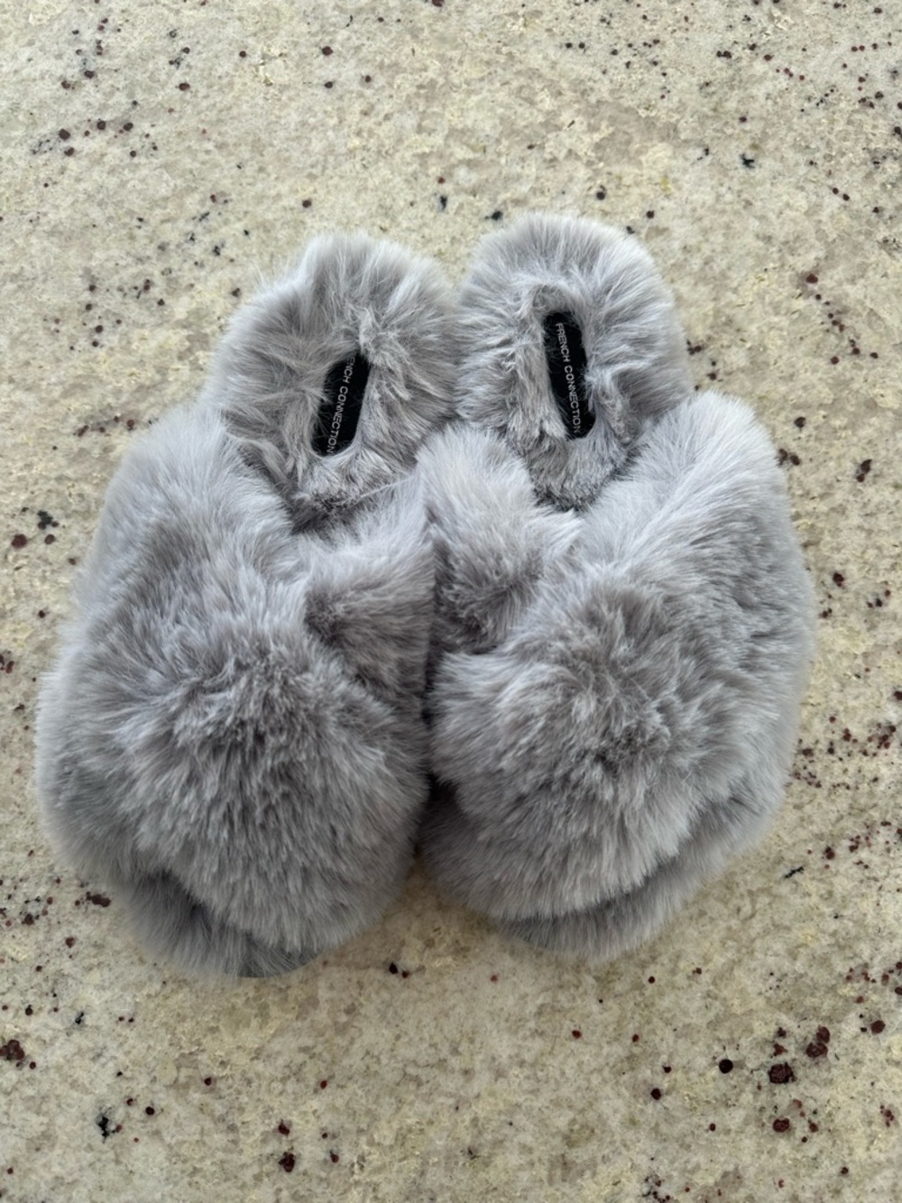 NWOT French Connection Soft Gray Faux Fur Slippers Minimalist Cozy Loungewear